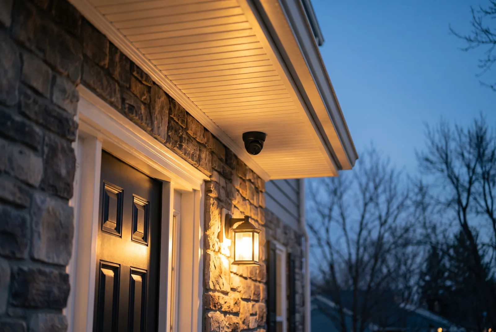 Dome security camera under a porch ceiling beside a front door at dusk