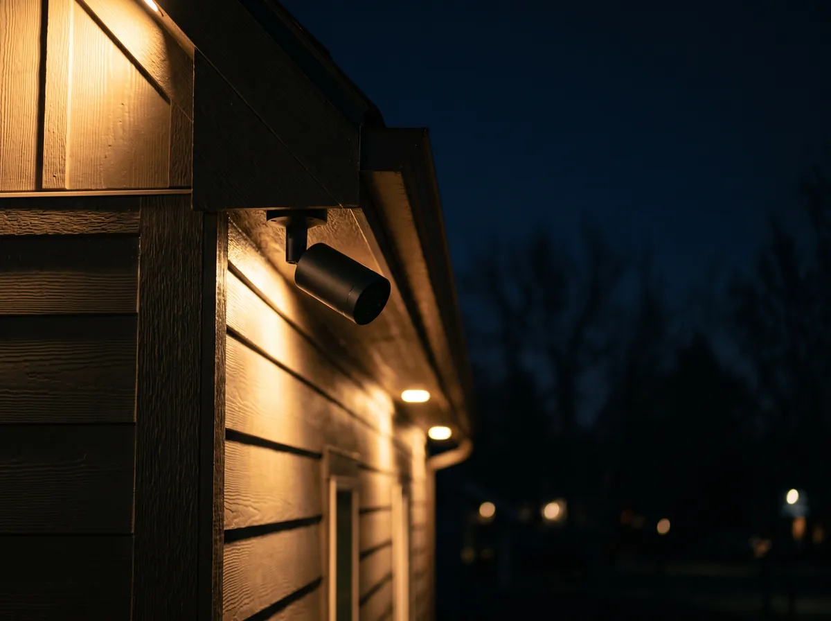 Bullet security camera mounted under a roofline at night
