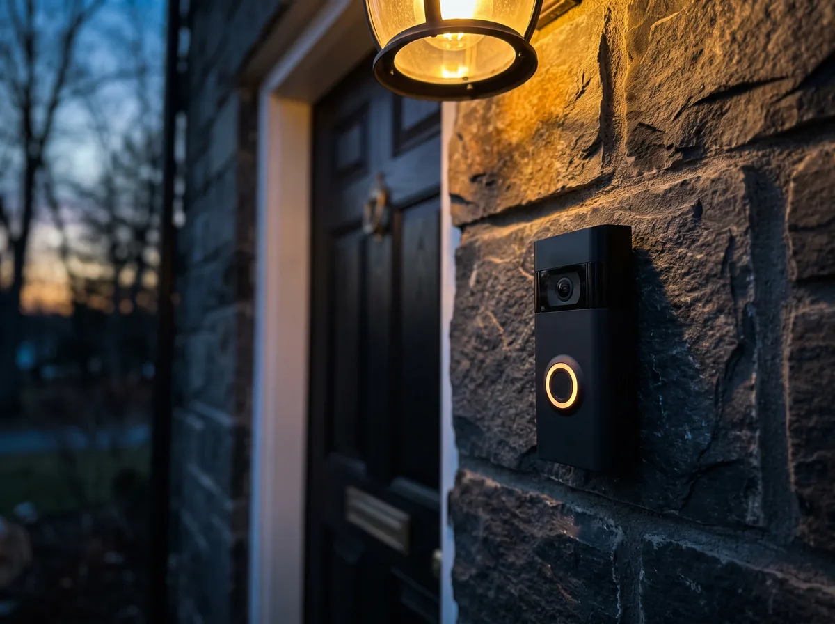 Video doorbell glowing at dusk beside a black front door on a stone house