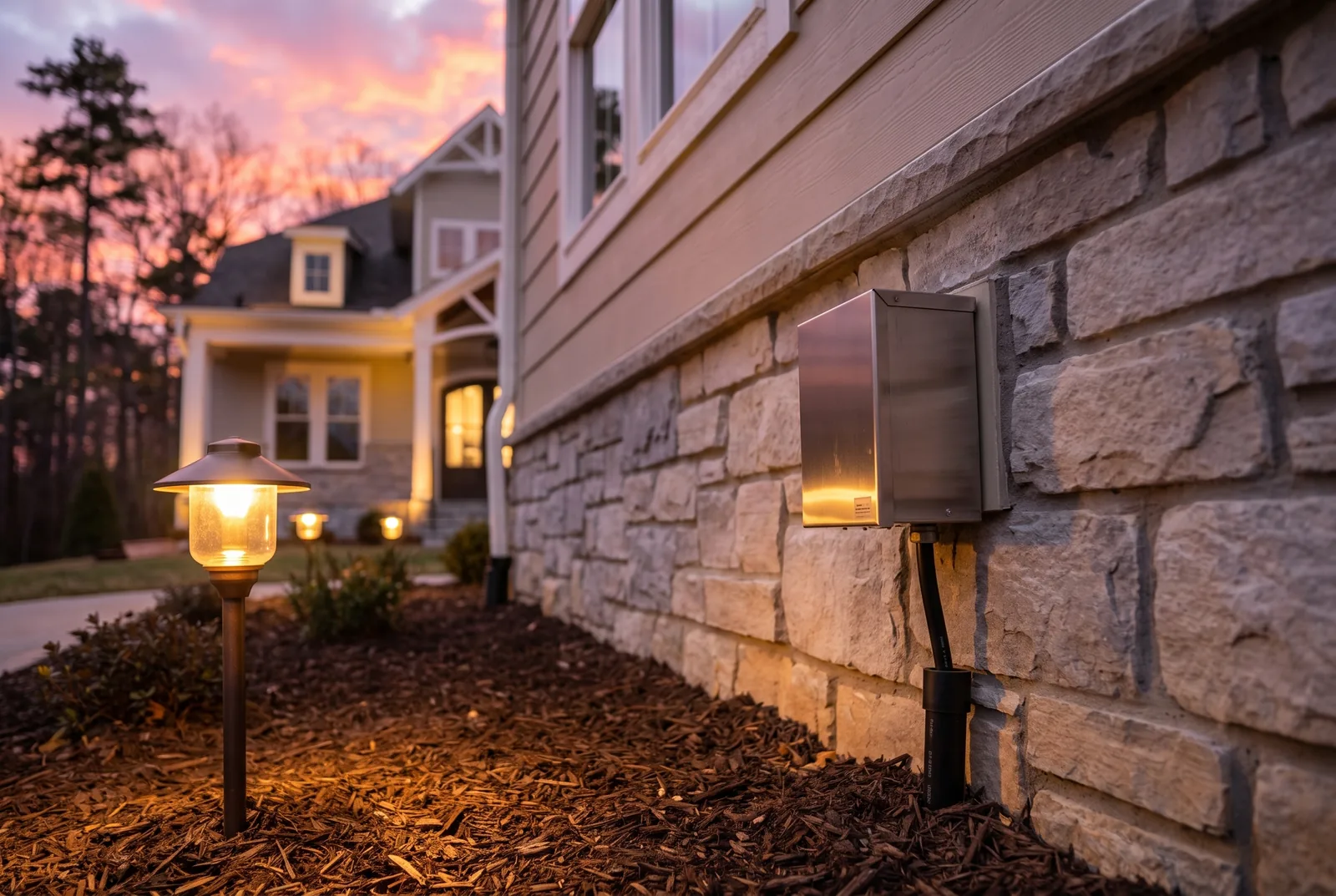 Low voltage transformer mounted on an exterior wall with a path light in the foreground