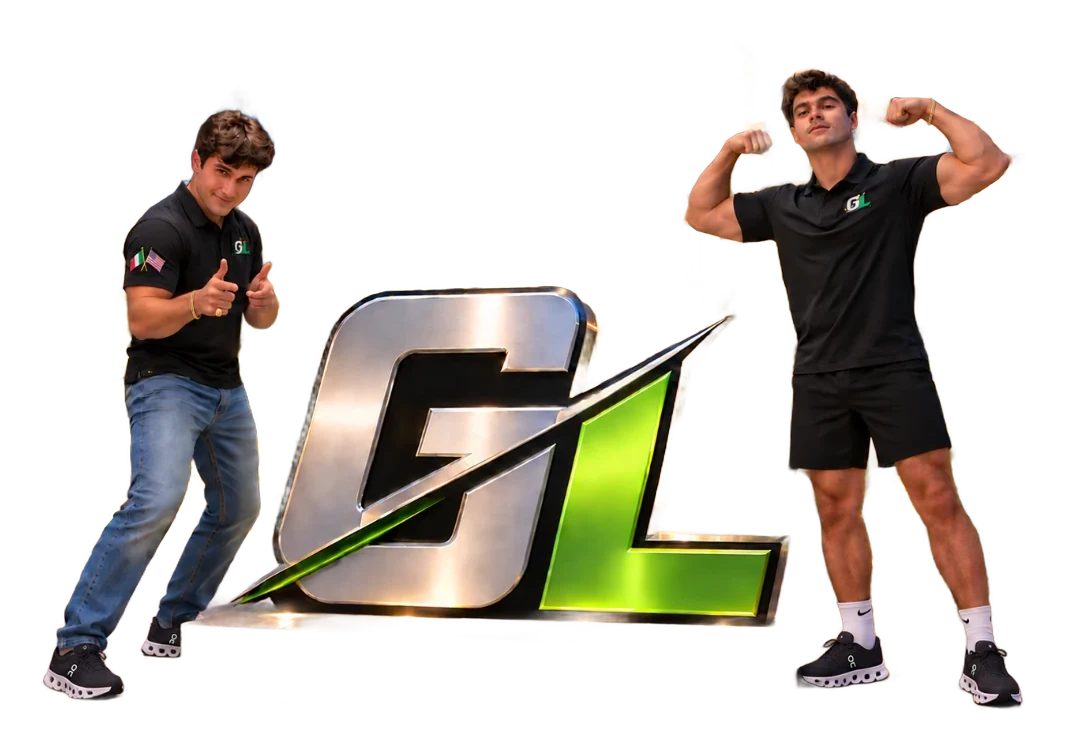 Vito Pugliese and Mario Tutino, the owners of Green Light, beside the Green Light logo