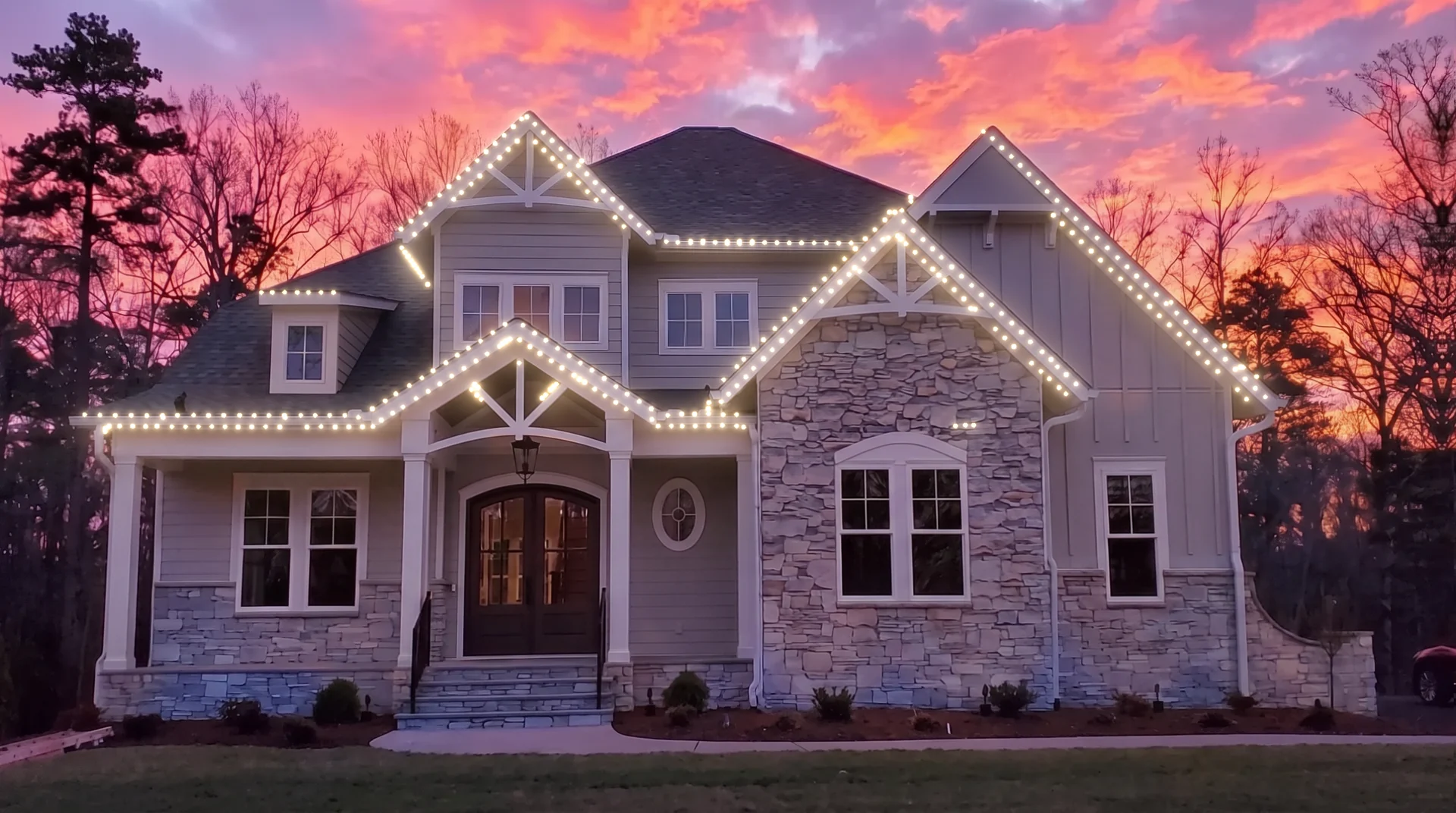 Two story home at sunset with warm white roofline lighting, contact Green Light for a free walk through