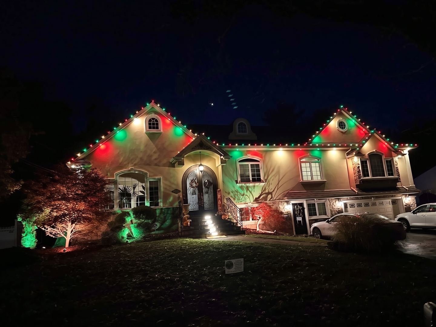 Same house in red and green for Christmas