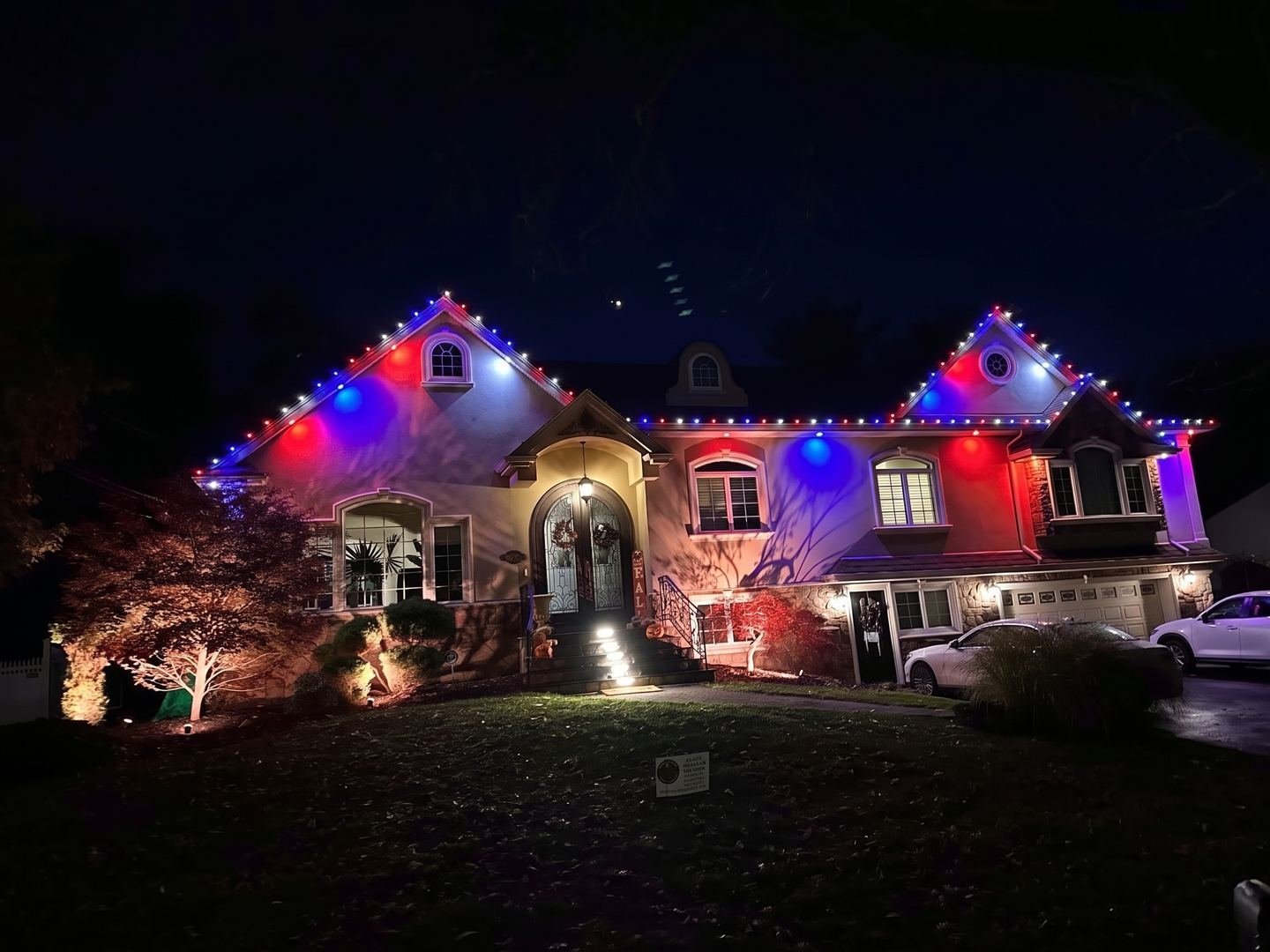 Same house in red, white and blue for the Fourth of July